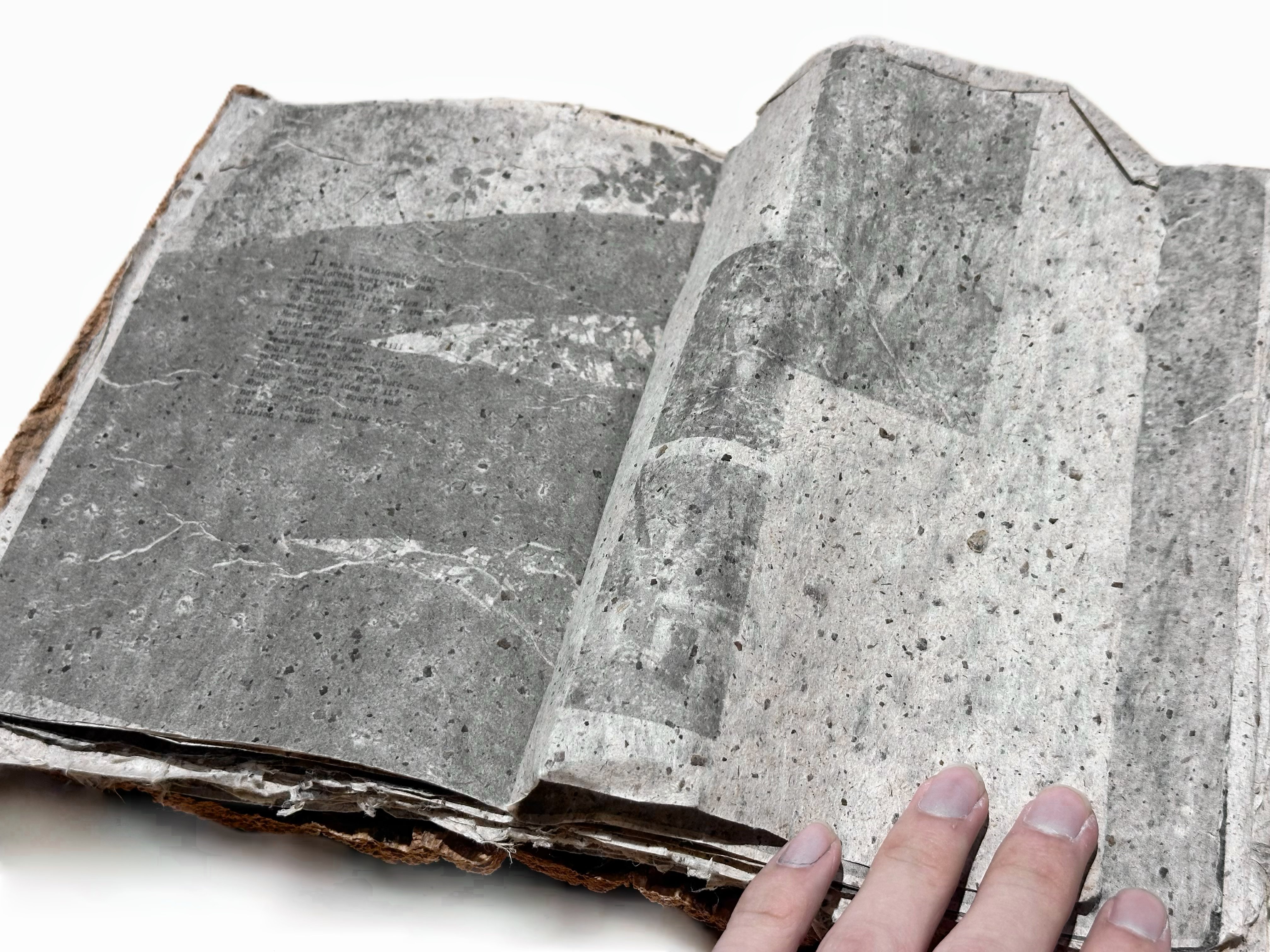An early spread — the bark hinges open onto grey handmade paper.