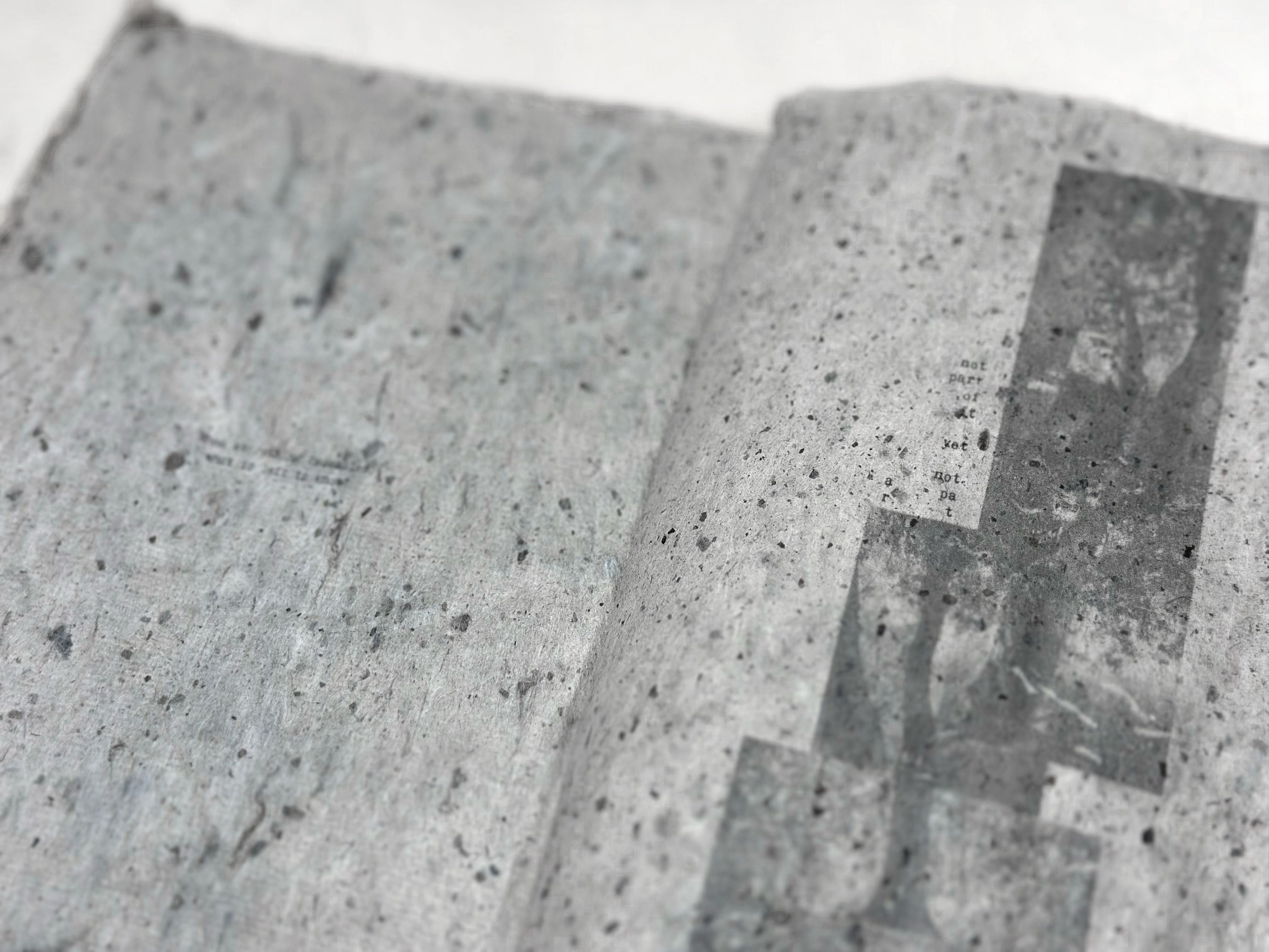 Spread three — close detail, typewriter fragments scattered down the page.