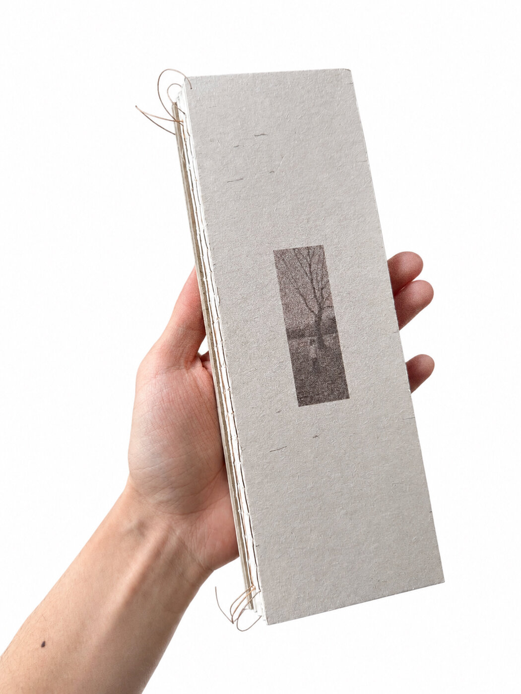 The closed book, narrow vertical format, held in the hand. The grey textured cover frames a small printed window of trees.