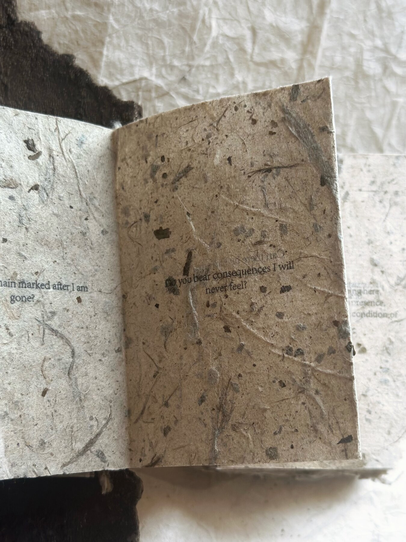 A detail — typewriter ink pressed into mulberry pulp, fibres and seed flecks visible.