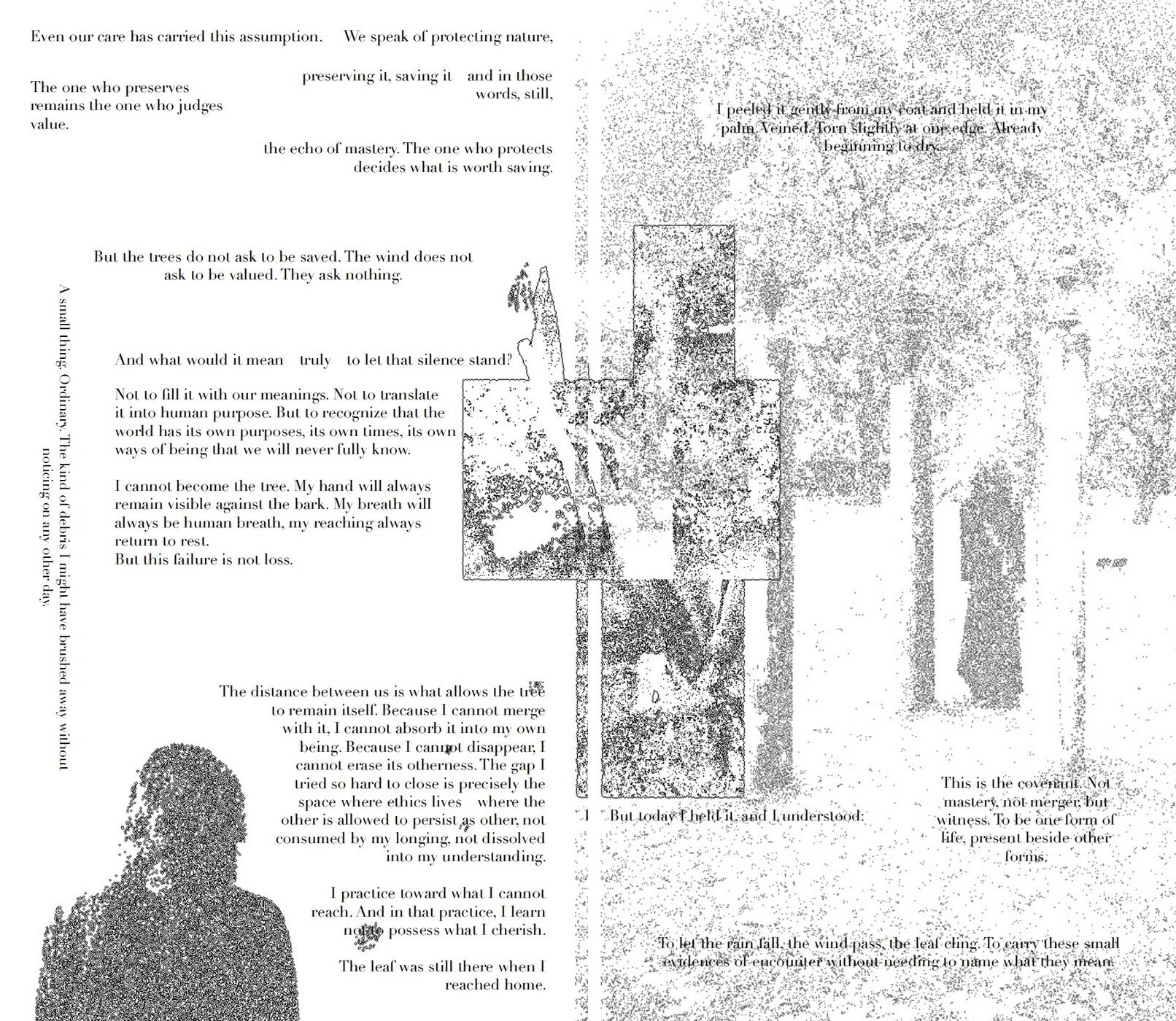A complete book opening — Chapter VIII. Left page: 'I cannot become the tree. But this failure is not loss.' Right page: 'This is the covenant. Not mastery, not merger, but witness.'