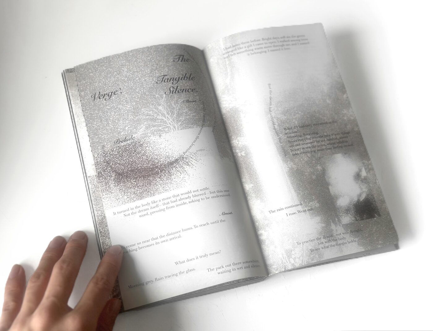 An opened spread — 'Verge: The Tangible Silence. Prelude.' set across two pages with a tree drawing.