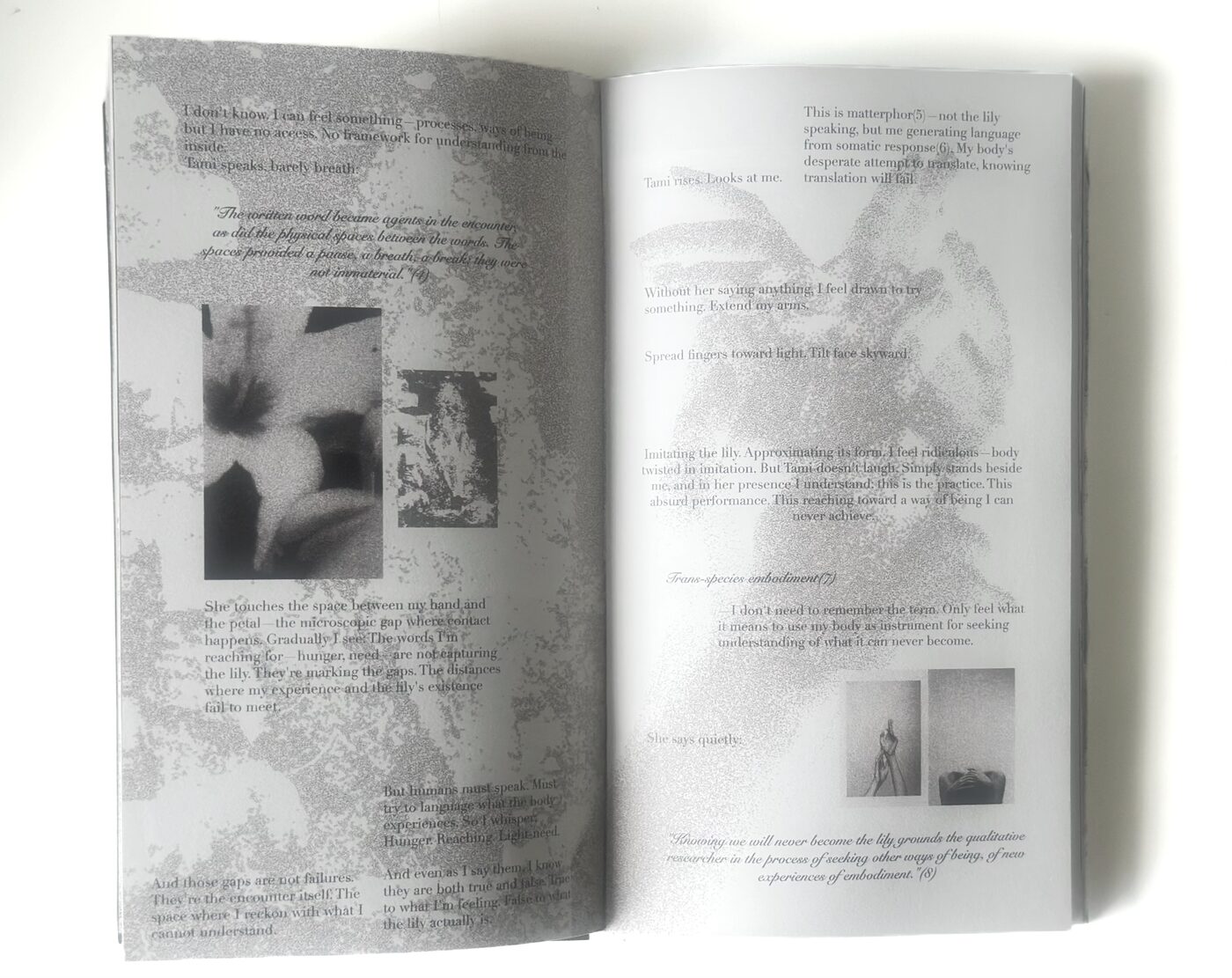 A double-page spread showing a still-life photograph of a lily fragment alongside notes on 'matterphor' and trans-species embodiment.