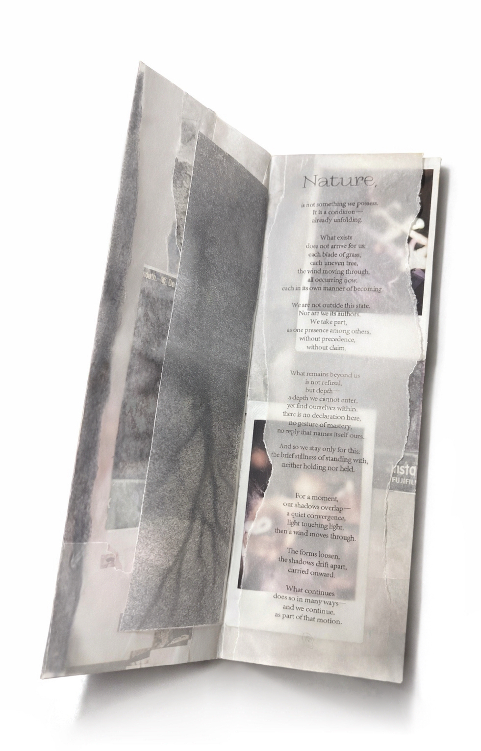 The closed zine — cover with a single torn-paper eye looking back through tracing paper.