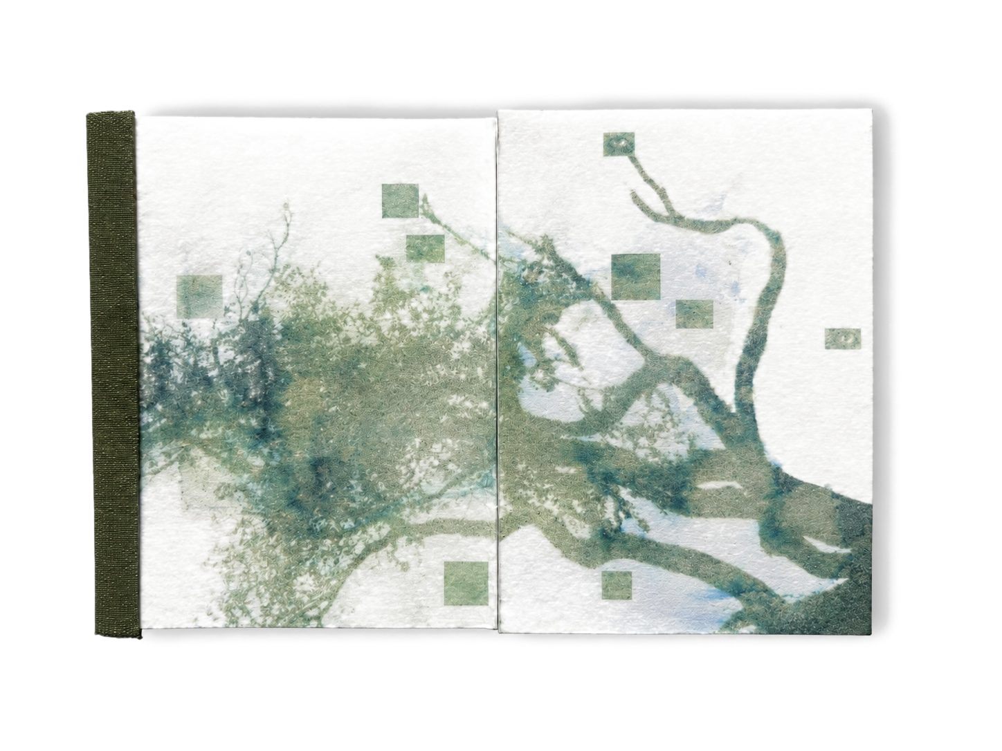 Open spread — moss-green pigment dispersed across handmade paper.