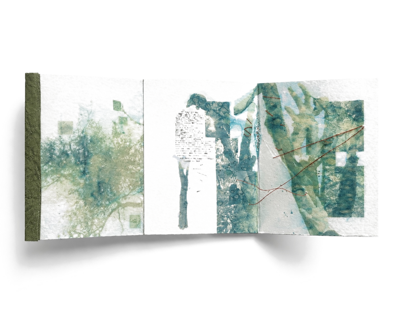 Three-panel fold-out — pigment fields stitched together with red linen thread.