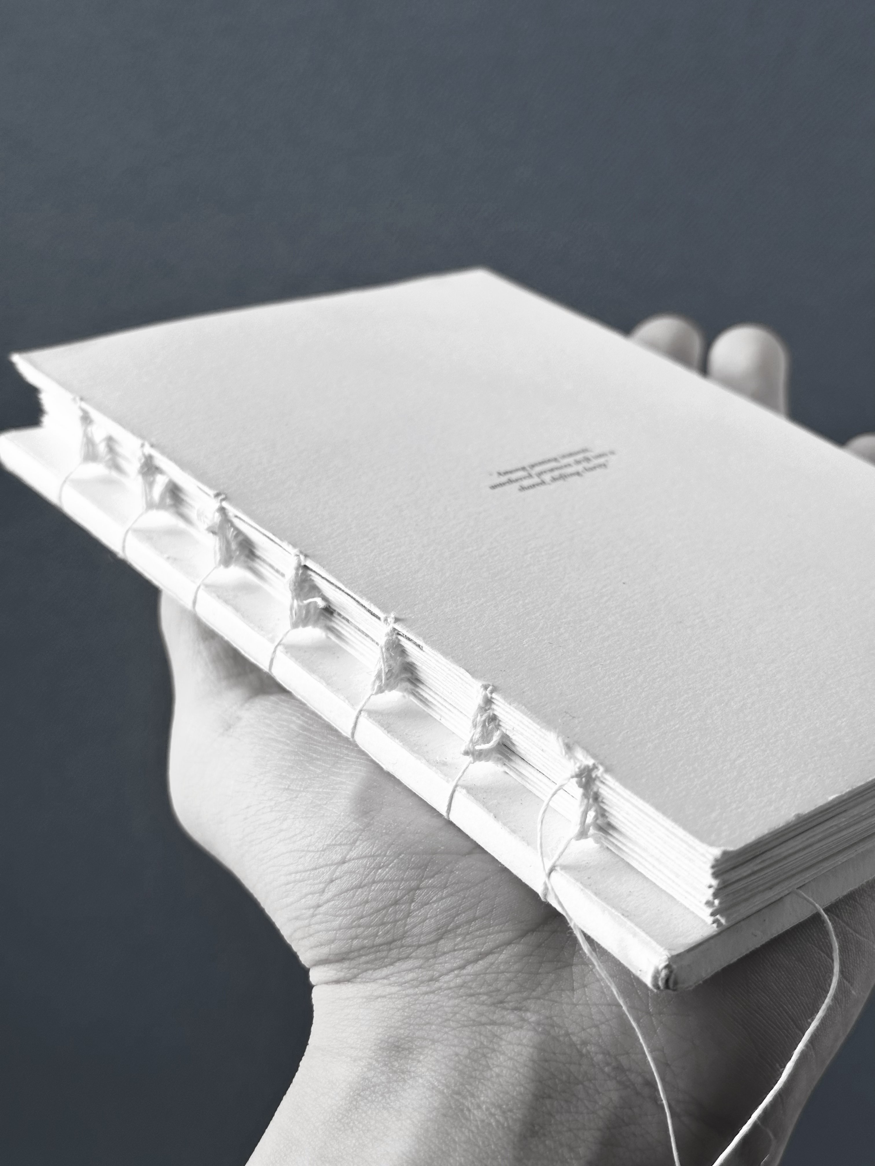 Close-up of the revised Coptic stitch — white linen threads pass through visible signatures along the exposed spine.