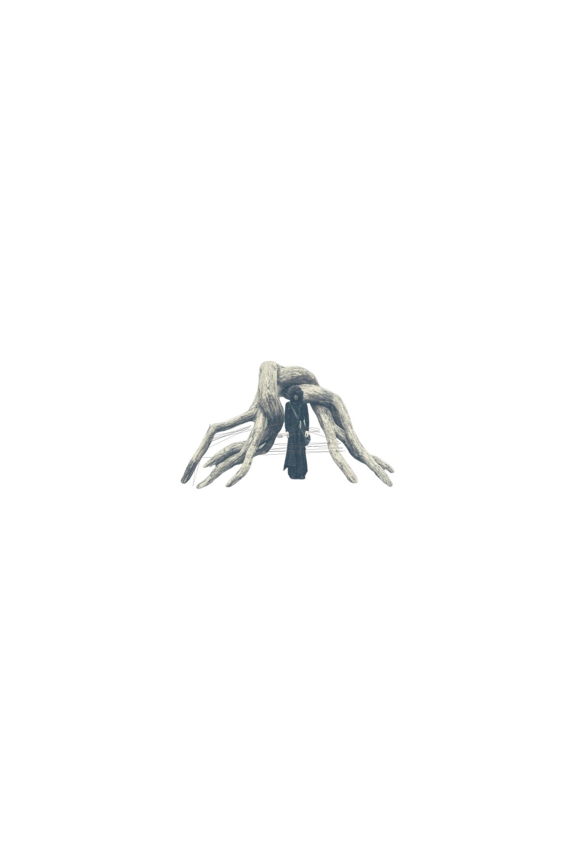 A small figure stands at the centre of an outstretched root system, fine threads radiating out across the page.