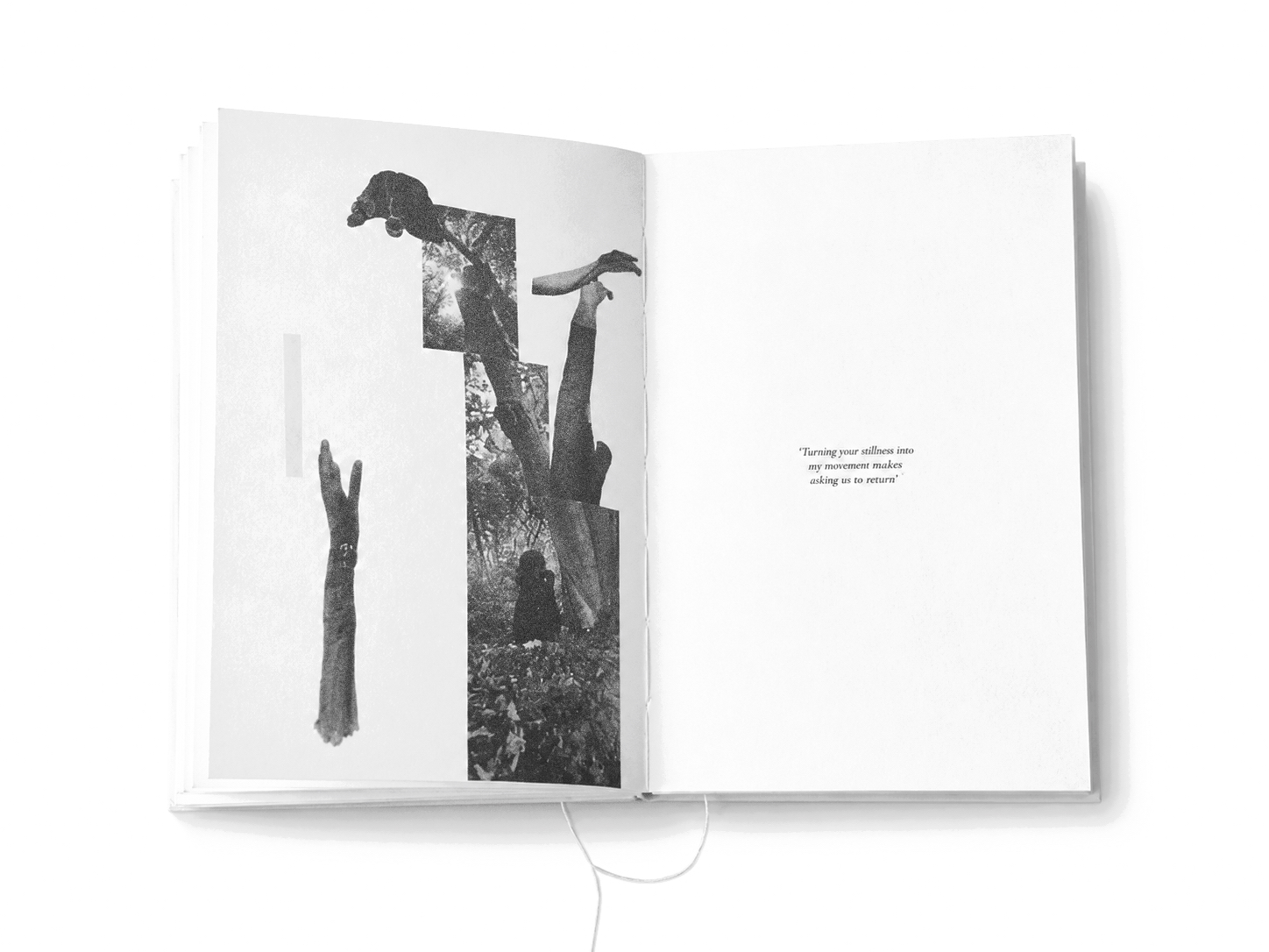 Spread three — vertical fragments of figures and trees; a quote on the right.