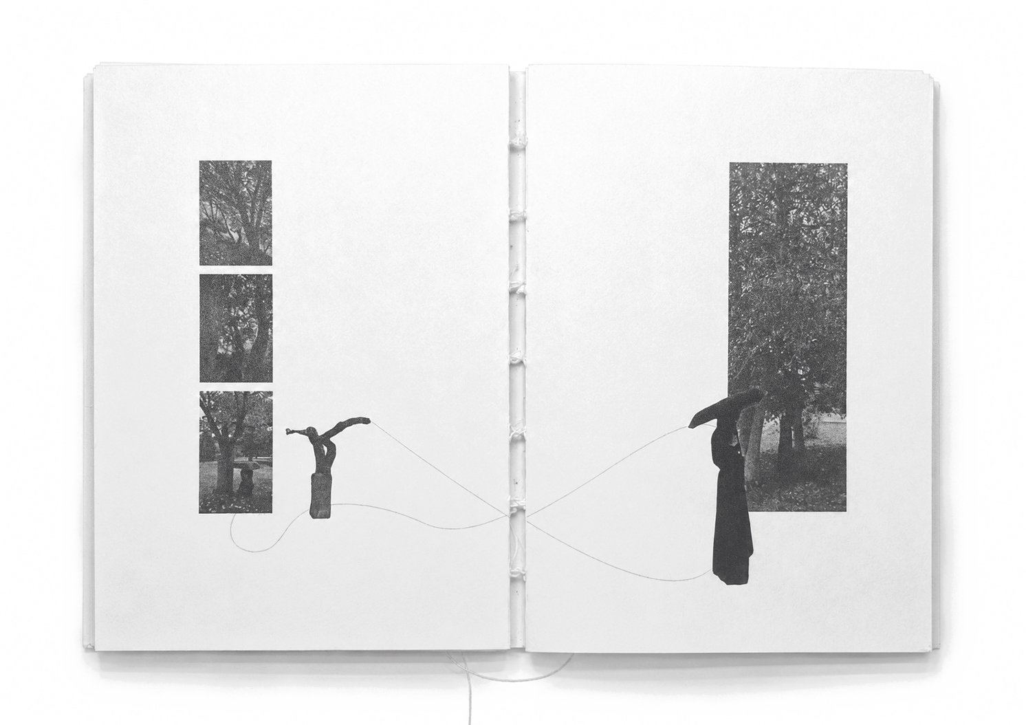 Spread four — three small photos on the left, a robed figure under a tree on the right, joined by a real thread.