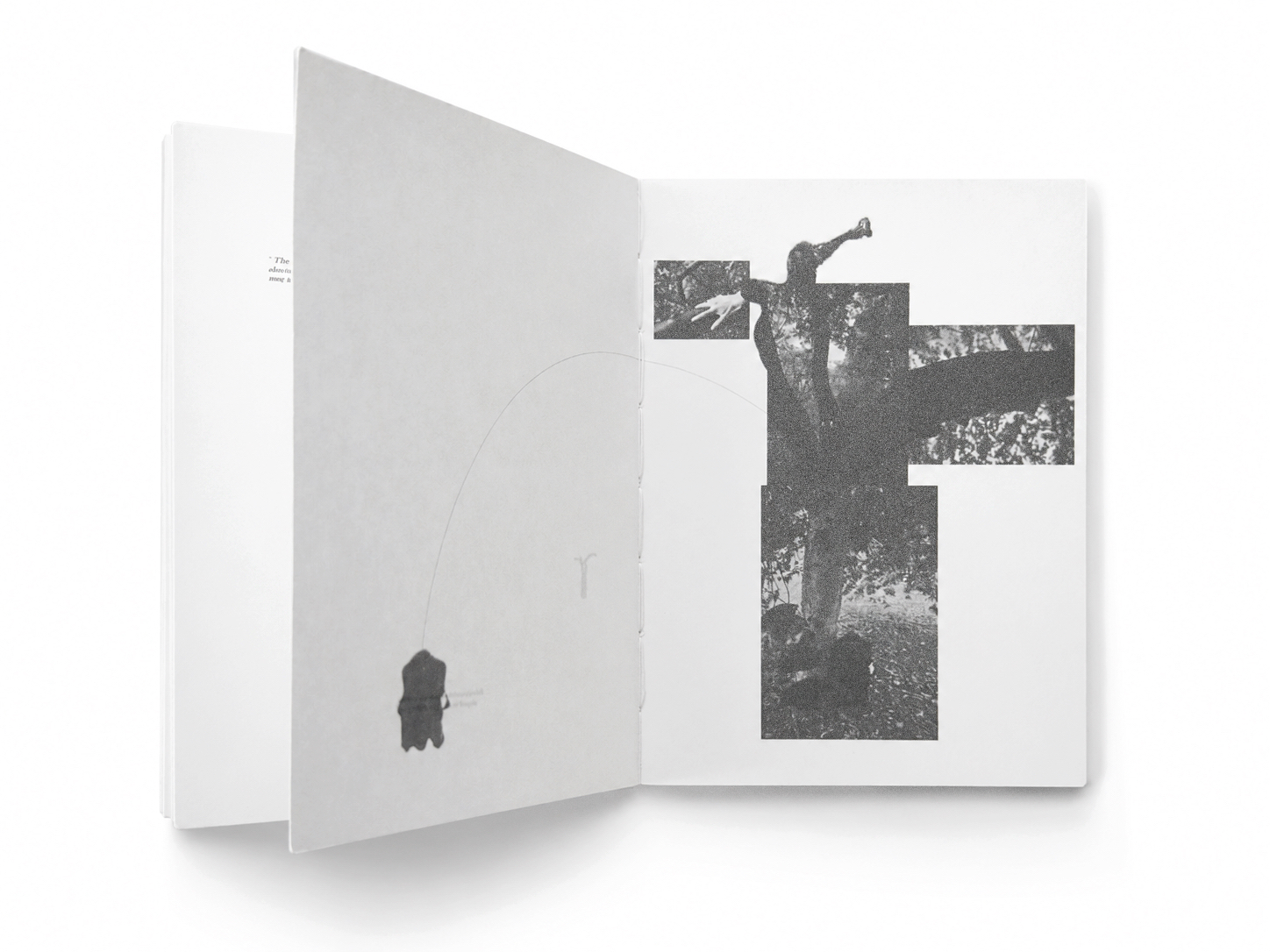 Spread five — a half-folded translucent page lifts to reveal a figure caught in the canopy.